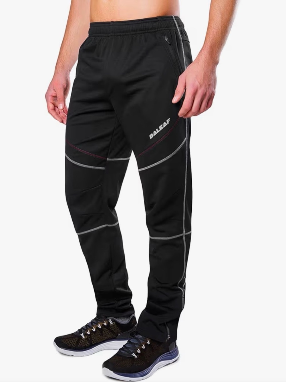 Baleaf Black Track Pants with Gray Reflective Trim and Subtle Red Accents